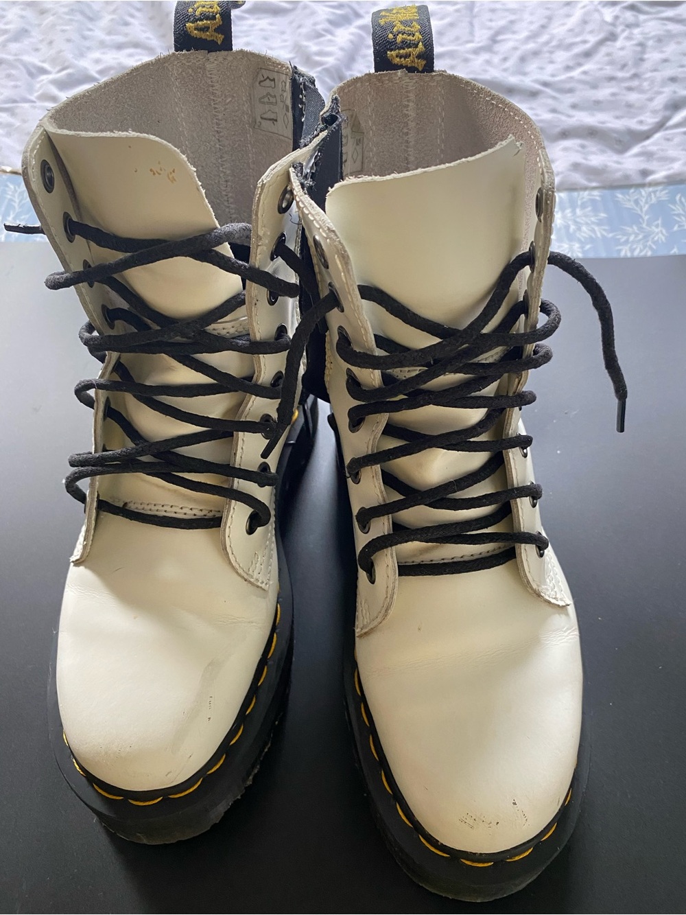 Dr. Martens White Leather Lace-Up Combat Boots with Black Soles